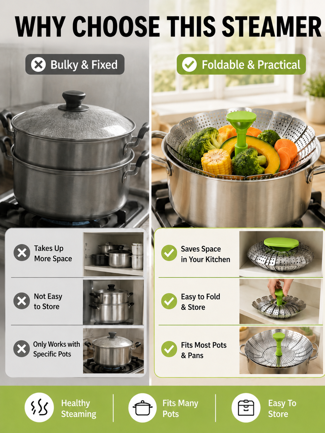 🍽️ Vegetable Steamer Basket 🥦✨ Stainless Steel Folding Expandable Steaming Insert with Extendable Handle for Easy Cooking
