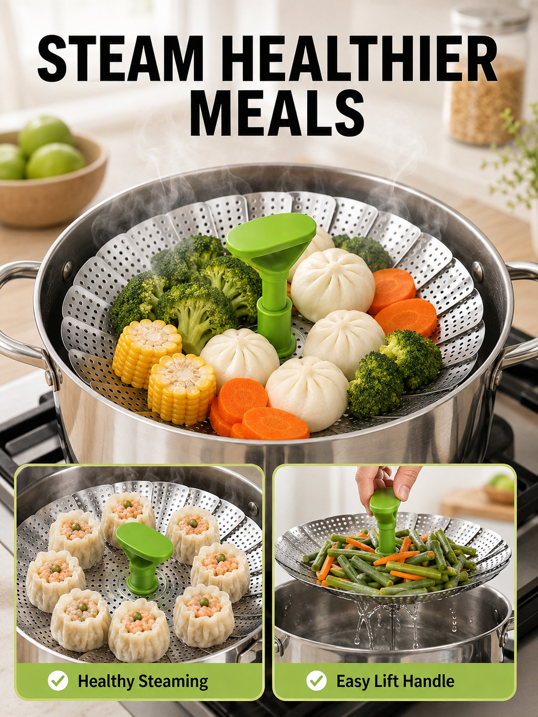🍽️ Vegetable Steamer Basket 🥦✨ Stainless Steel Folding Expandable Steaming Insert with Extendable Handle for Easy Cooking