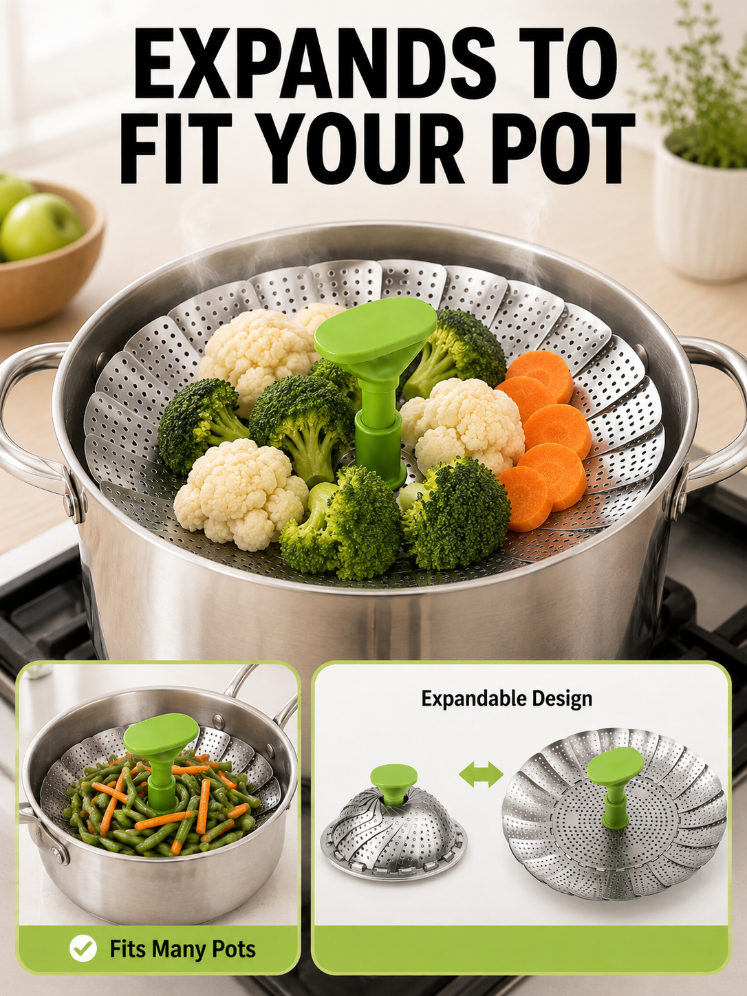 🍽️ Vegetable Steamer Basket 🥦✨ Stainless Steel Folding Expandable Steaming Insert with Extendable Handle for Easy Cooking