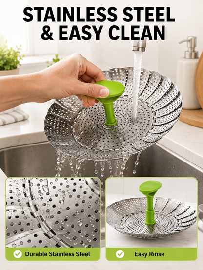 🍽️ Vegetable Steamer Basket 🥦✨ Stainless Steel Folding Expandable Steaming Insert with Extendable Handle for Easy Cooking