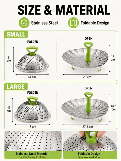 🍽️ Vegetable Steamer Basket 🥦✨ Stainless Steel Folding Expandable Steaming Insert with Extendable Handle for Easy Cooking