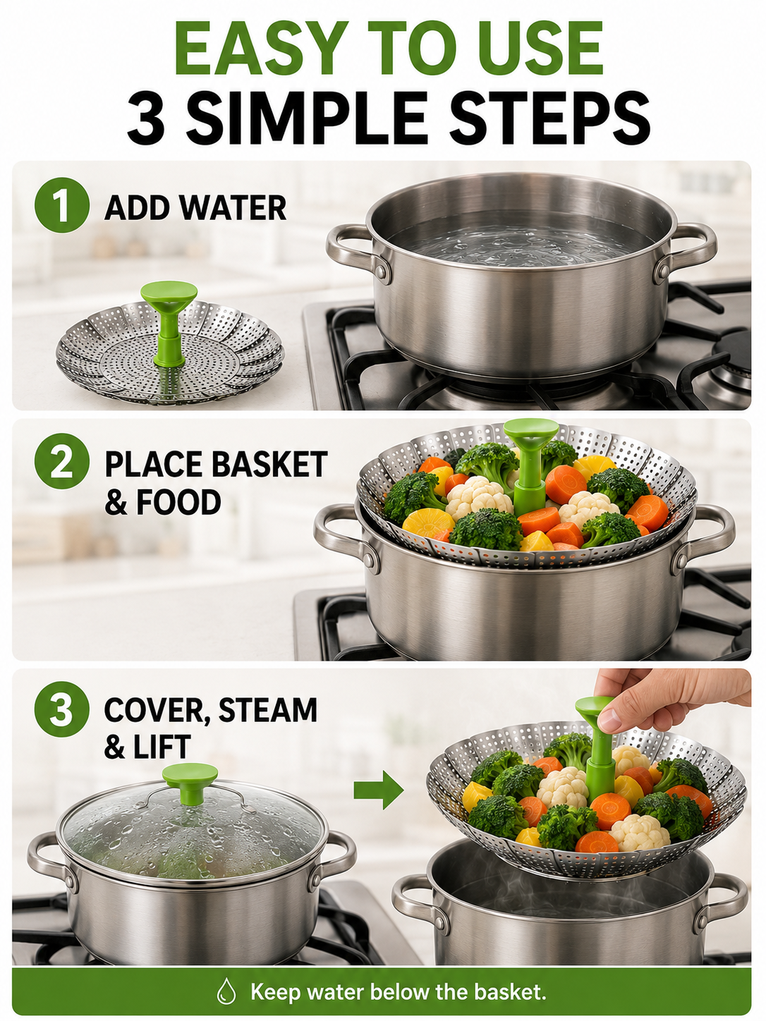 🍽️ Vegetable Steamer Basket 🥦✨ Stainless Steel Folding Expandable Steaming Insert with Extendable Handle for Easy Cooking