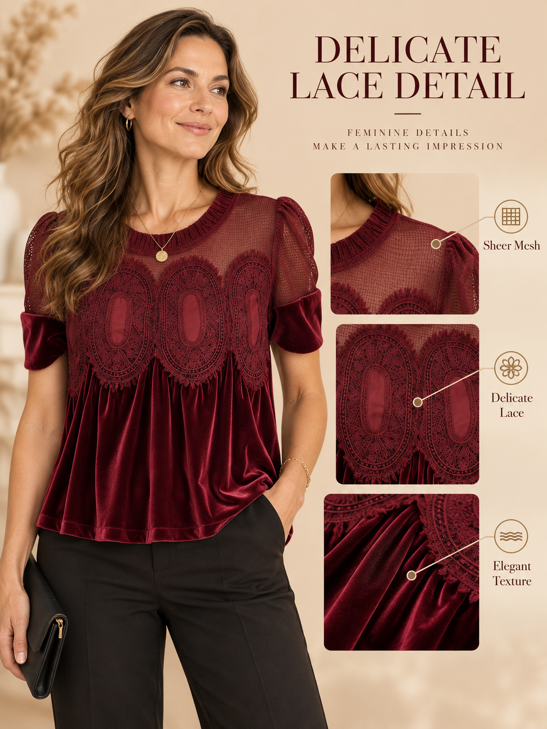 🌸 Fashion Deal – Women’s Velvet Ruffle Blouse ✨ Elegant Lace-Trimmed Short-Sleeve Top for Vintage Everyday Style 💕