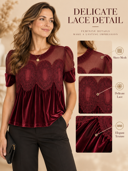 🌸 Fashion Deal – Women’s Velvet Ruffle Blouse ✨ Elegant Lace-Trimmed Short-Sleeve Top for Vintage Everyday Style 💕