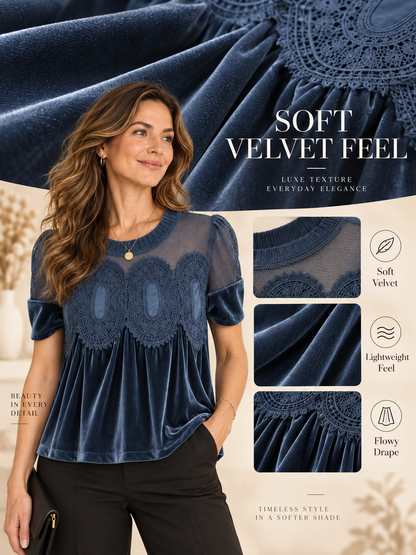🌸 Fashion Deal – Women’s Velvet Ruffle Blouse ✨ Elegant Lace-Trimmed Short-Sleeve Top for Vintage Everyday Style 💕