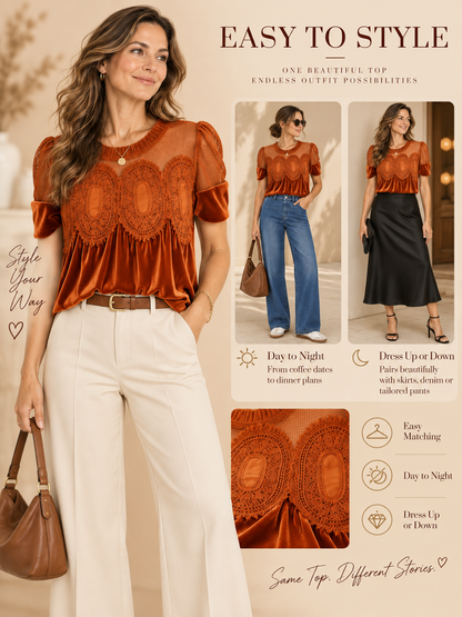 🌸 Fashion Deal – Women’s Velvet Ruffle Blouse ✨ Elegant Lace-Trimmed Short-Sleeve Top for Vintage Everyday Style 💕