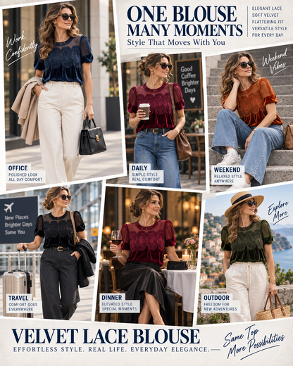 🌸 Fashion Deal – Women’s Velvet Ruffle Blouse ✨ Elegant Lace-Trimmed Short-Sleeve Top for Vintage Everyday Style 💕