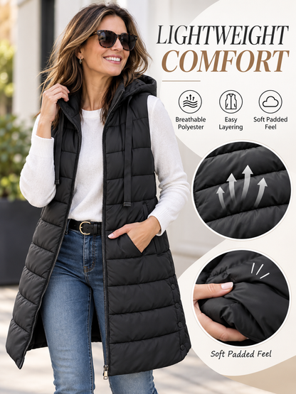 ❄️ Winter Style Deal – Women’s Long Hooded Puffer Vest 🧥 Sleeveless Quilted Layer for Cozy Everyday Outdoor Wear ✨