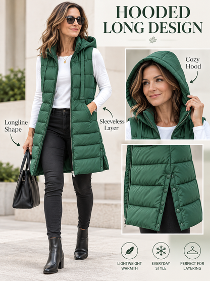 ❄️ Winter Style Deal – Women’s Long Hooded Puffer Vest 🧥 Sleeveless Quilted Layer for Cozy Everyday Outdoor Wear ✨