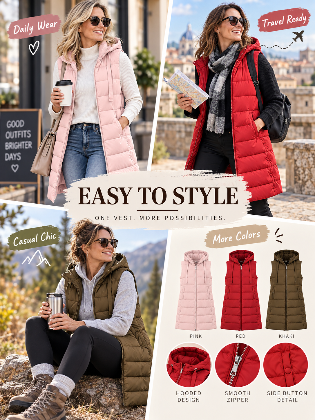 ❄️ Winter Style Deal – Women’s Long Hooded Puffer Vest 🧥 Sleeveless Quilted Layer for Cozy Everyday Outdoor Wear ✨