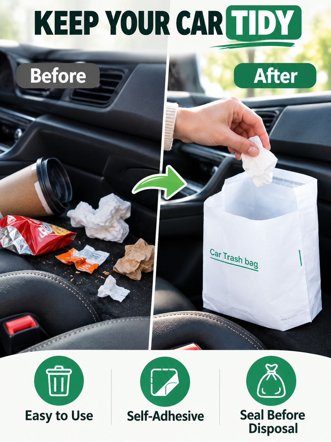 🚗 Car Care Deal – Disposable Adhesive Trash Bags 🗑️ Vertical Mini Waste Pouches for a Cleaner, Clutter-Free Vehicle Interior ✨