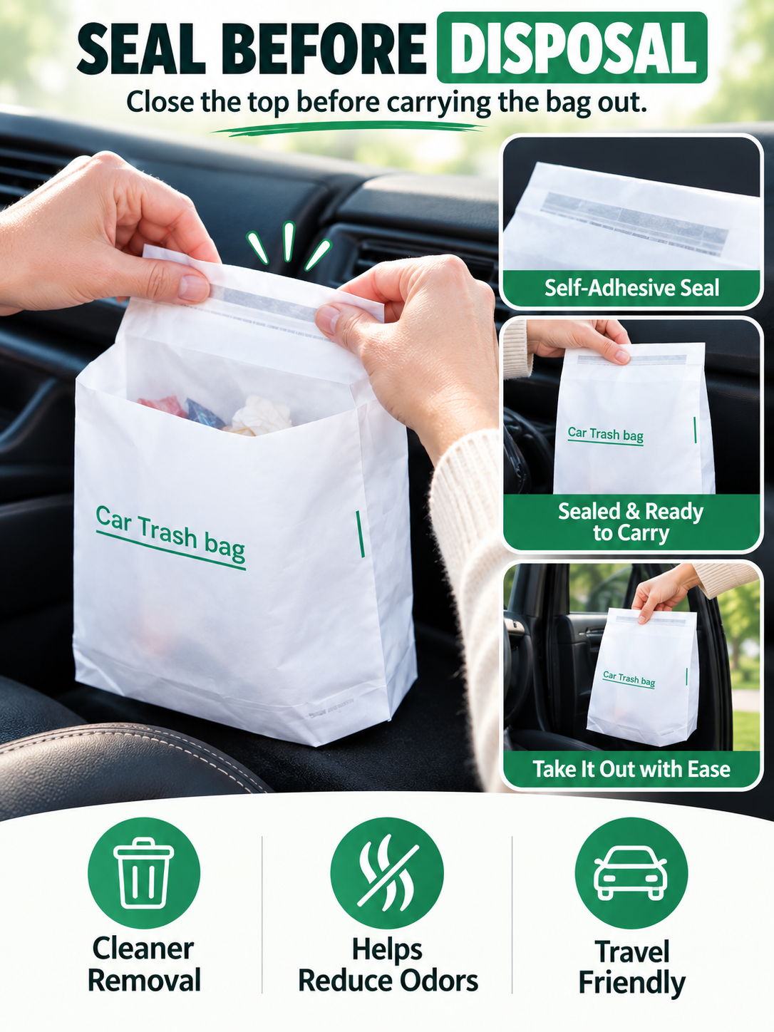 🚗 Car Care Deal – Disposable Adhesive Trash Bags 🗑️ Vertical Mini Waste Pouches for a Cleaner, Clutter-Free Vehicle Interior ✨