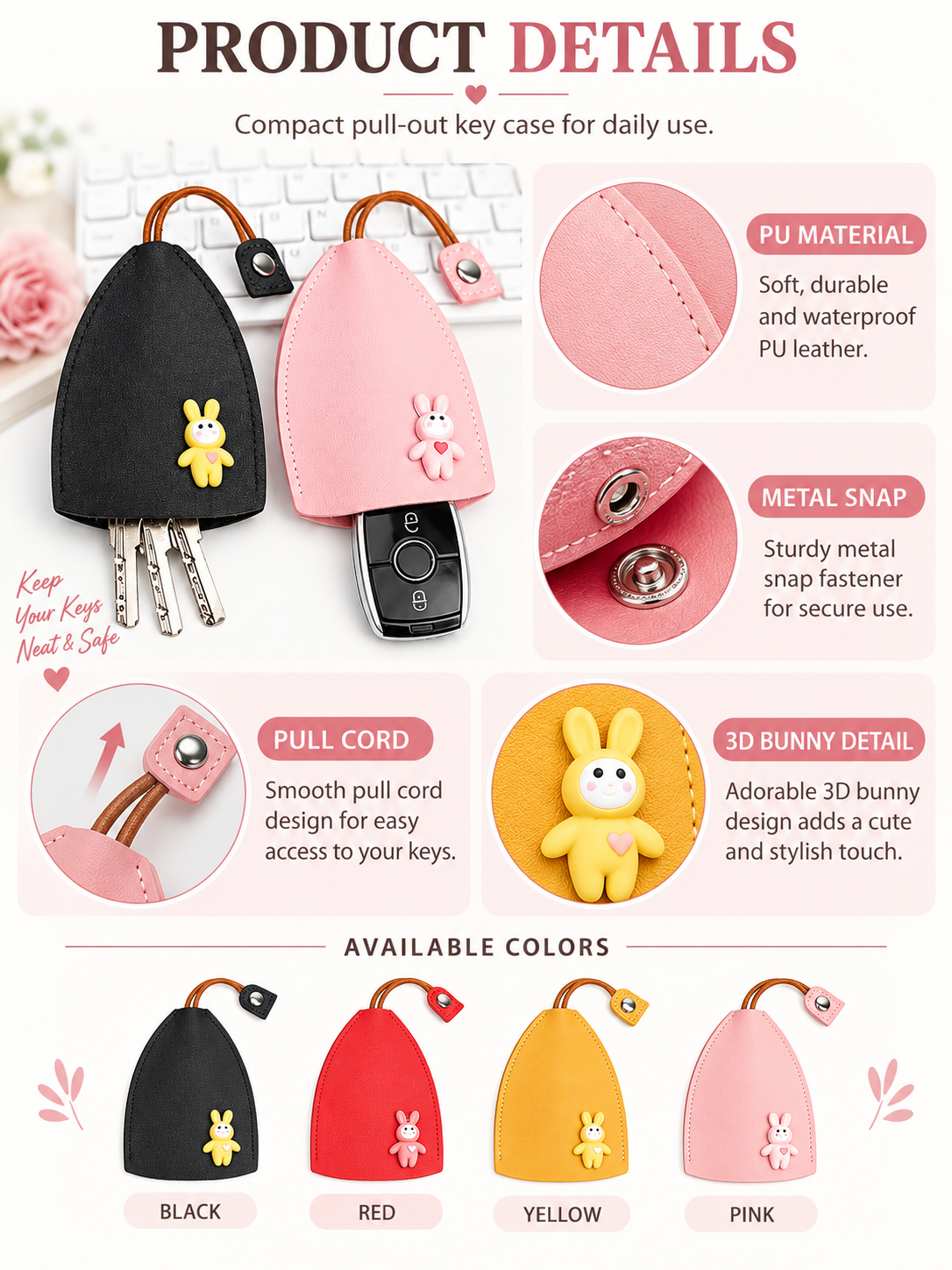 🎀 Cute Gift Deal – Cartoon Pull-Out Key Pouch 🔑 Portable Leather Holder with Quick-Access Design for Scratch-Free Key Storage ✨