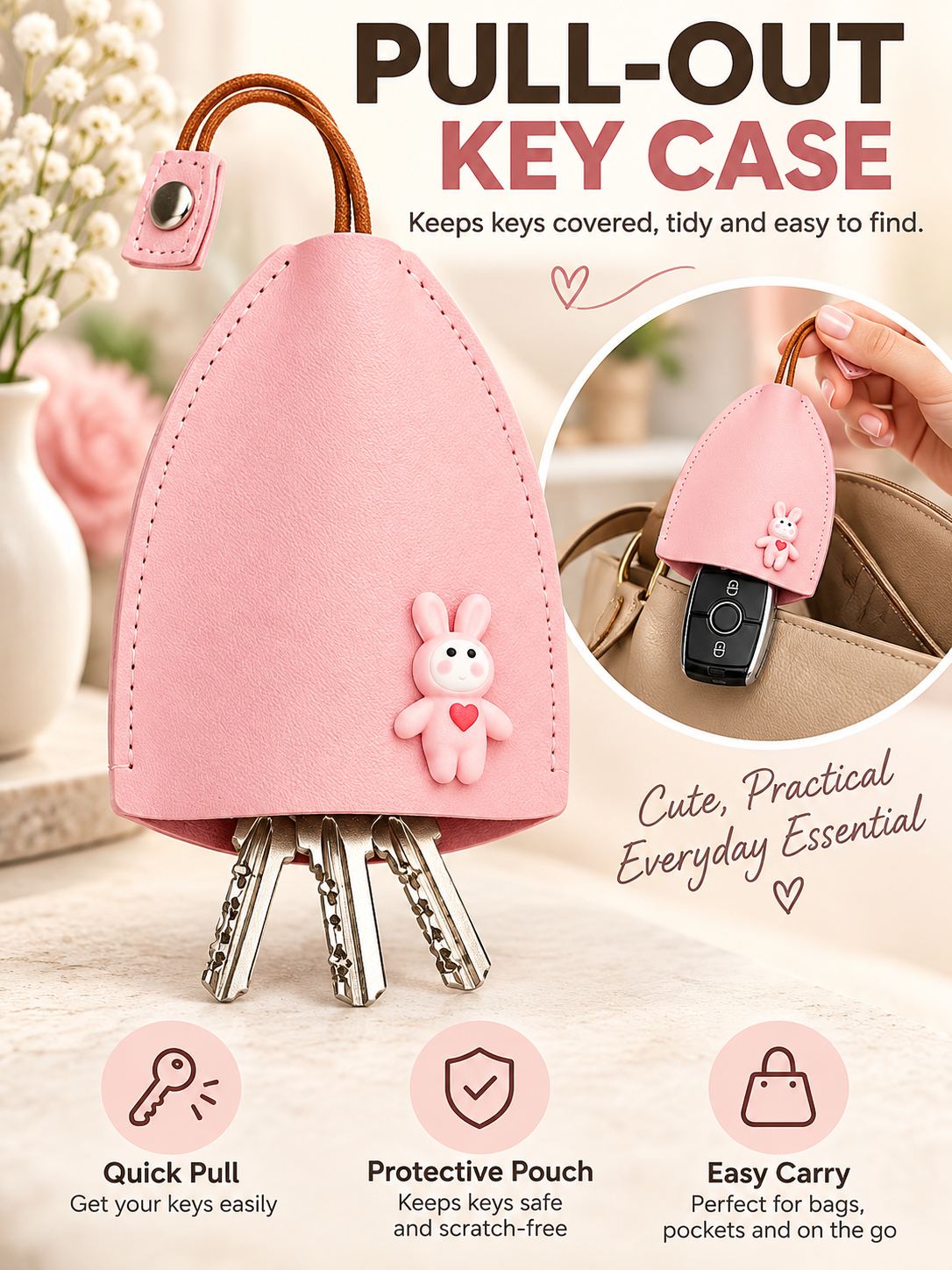 🎀 Cute Gift Deal – Cartoon Pull-Out Key Pouch 🔑 Portable Leather Holder with Quick-Access Design for Scratch-Free Key Storage ✨