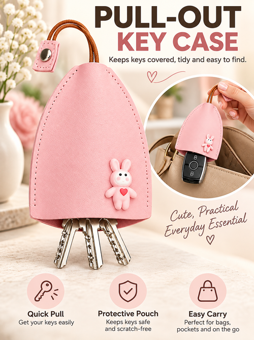 🎀 Cute Gift Deal – Cartoon Pull-Out Key Pouch 🔑 Portable Leather Holder with Quick-Access Design for Scratch-Free Key Storage ✨