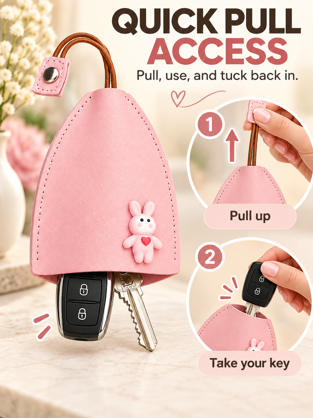 🎀 Cute Gift Deal – Cartoon Pull-Out Key Pouch 🔑 Portable Leather Holder with Quick-Access Design for Scratch-Free Key Storage ✨