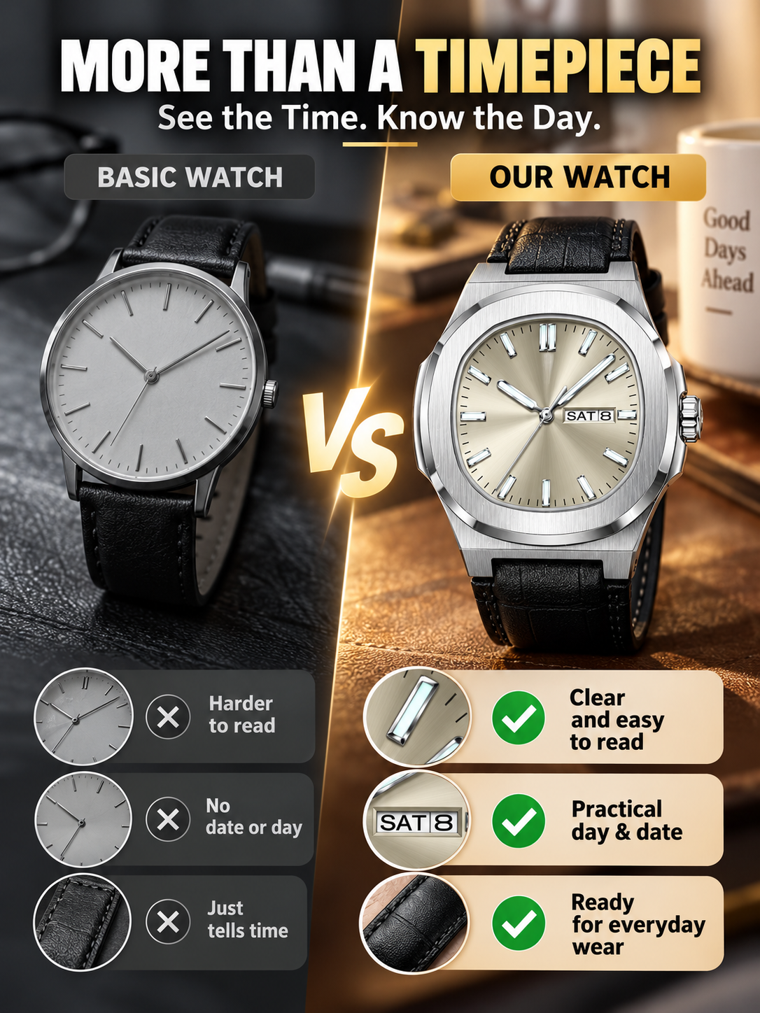 ⌚ Style Deal – Men’s Waterproof Analog Watch ✨ Sporty Quartz Timepiece with Date-Day Display & Comfortable Leather-Style Strap 🎁