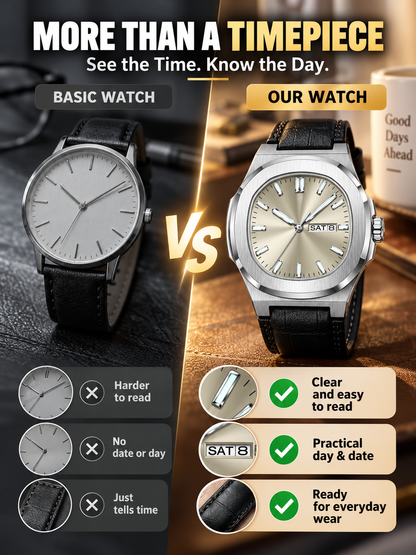 ⌚ Style Deal – Men’s Waterproof Analog Watch ✨ Sporty Quartz Timepiece with Date-Day Display & Comfortable Leather-Style Strap 🎁