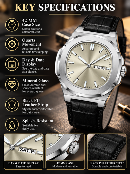 ⌚ Style Deal – Men’s Waterproof Analog Watch ✨ Sporty Quartz Timepiece with Date-Day Display & Comfortable Leather-Style Strap 🎁
