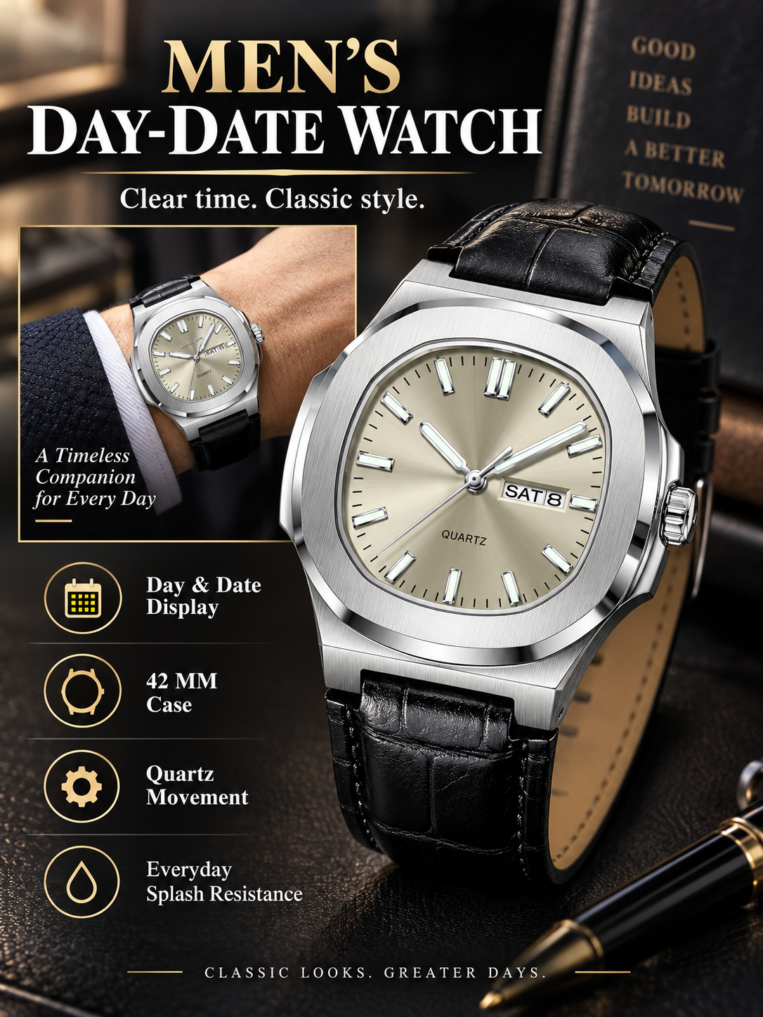 ⌚ Style Deal – Men’s Waterproof Analog Watch ✨ Sporty Quartz Timepiece with Date-Day Display & Comfortable Leather-Style Strap 🎁