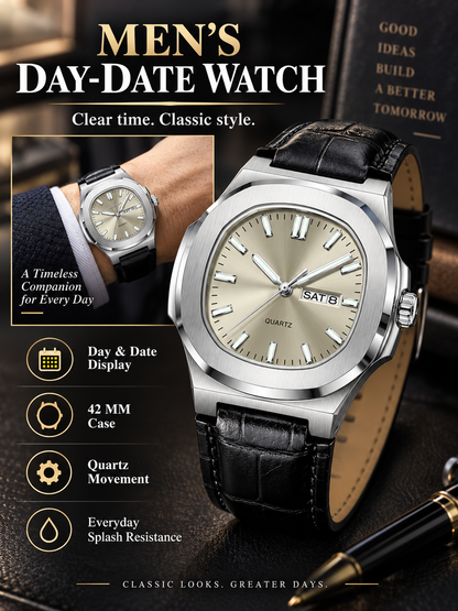 ⌚ Style Deal – Men’s Waterproof Analog Watch ✨ Sporty Quartz Timepiece with Date-Day Display & Comfortable Leather-Style Strap 🎁