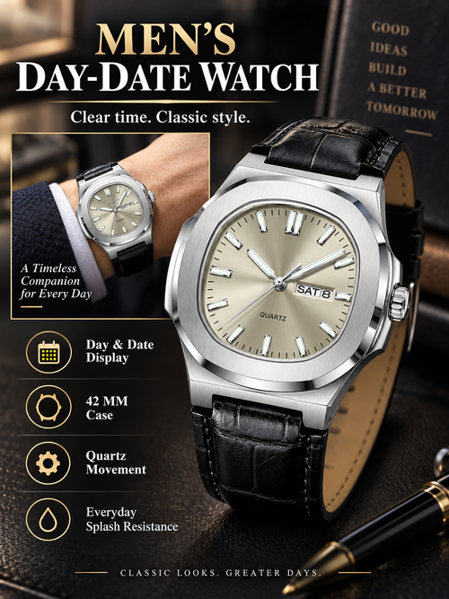 ⌚ Style Deal – Men’s Waterproof Analog Watch ✨ Sporty Quartz Timepiece with Date-Day Display & Comfortable Leather-Style Strap 🎁