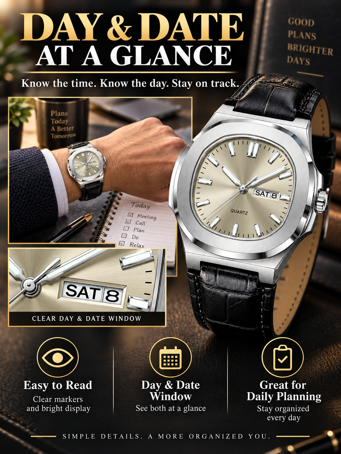 ⌚ Style Deal – Men’s Waterproof Analog Watch ✨ Sporty Quartz Timepiece with Date-Day Display & Comfortable Leather-Style Strap 🎁