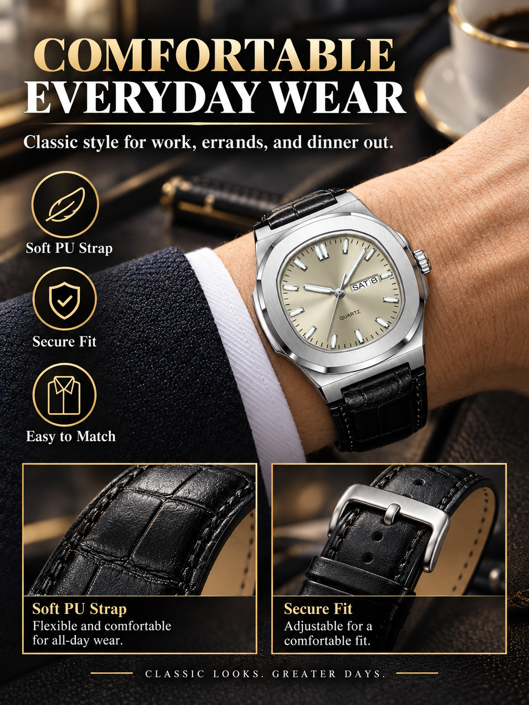 ⌚ Style Deal – Men’s Waterproof Analog Watch ✨ Sporty Quartz Timepiece with Date-Day Display & Comfortable Leather-Style Strap 🎁