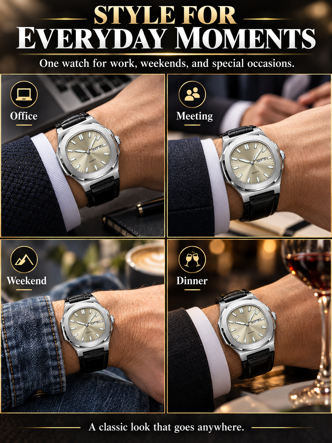 ⌚ Style Deal – Men’s Waterproof Analog Watch ✨ Sporty Quartz Timepiece with Date-Day Display & Comfortable Leather-Style Strap 🎁