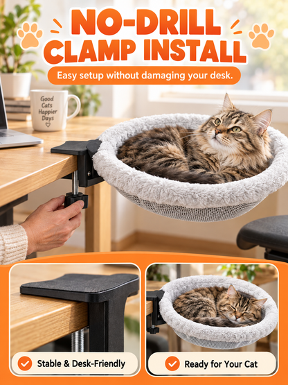 🐱 Pet Comfort Deal – Round Clamp-On Cat Desk Perch 💤 Cozy 16.5″ Bed for Safe Window or Workspace Lounging ✨