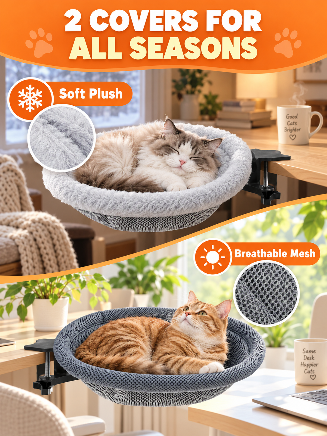 🐱 Pet Comfort Deal – Round Clamp-On Cat Desk Perch 💤 Cozy 16.5″ Bed for Safe Window or Workspace Lounging ✨