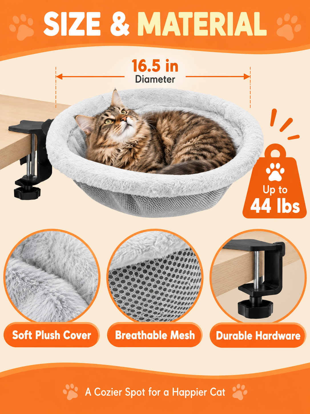 🐱 Pet Comfort Deal – Round Clamp-On Cat Desk Perch 💤 Cozy 16.5″ Bed for Safe Window or Workspace Lounging ✨