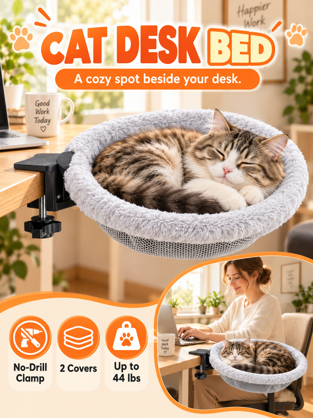 🐱 Pet Comfort Deal – Round Clamp-On Cat Desk Perch 💤 Cozy 16.5″ Bed for Safe Window or Workspace Lounging ✨