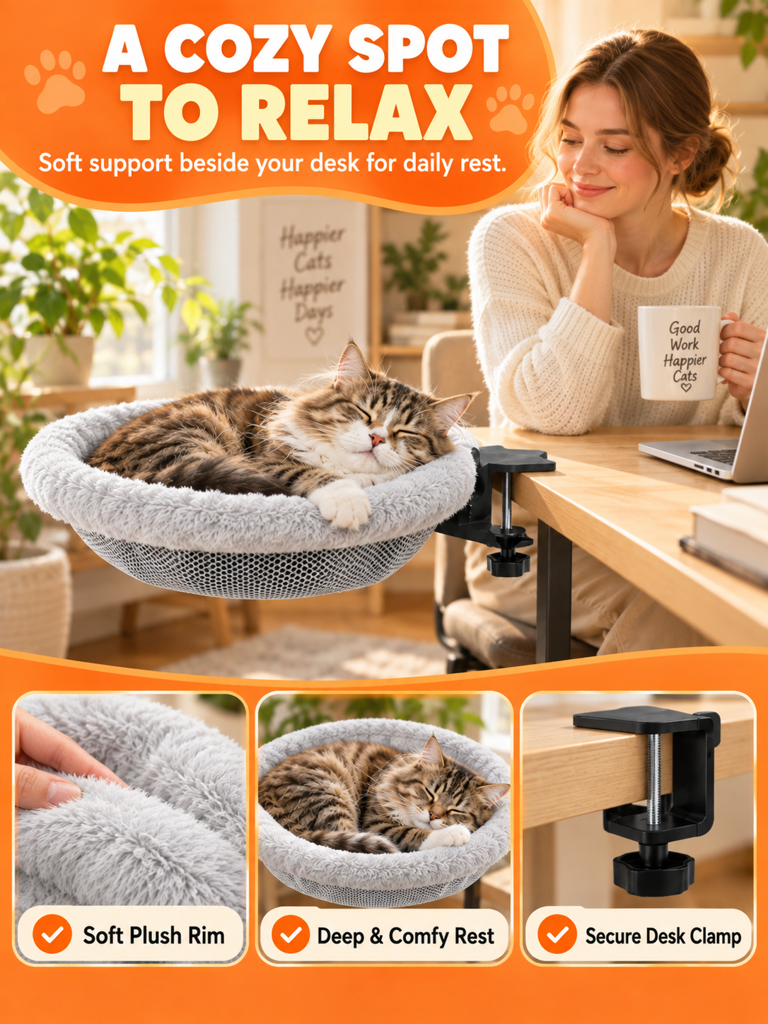 🐱 Pet Comfort Deal – Round Clamp-On Cat Desk Perch 💤 Cozy 16.5″ Bed for Safe Window or Workspace Lounging ✨