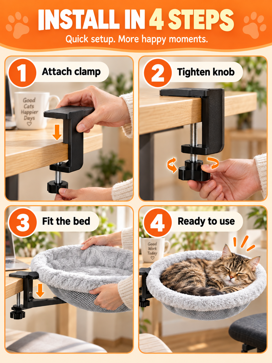 🐱 Pet Comfort Deal – Round Clamp-On Cat Desk Perch 💤 Cozy 16.5″ Bed for Safe Window or Workspace Lounging ✨