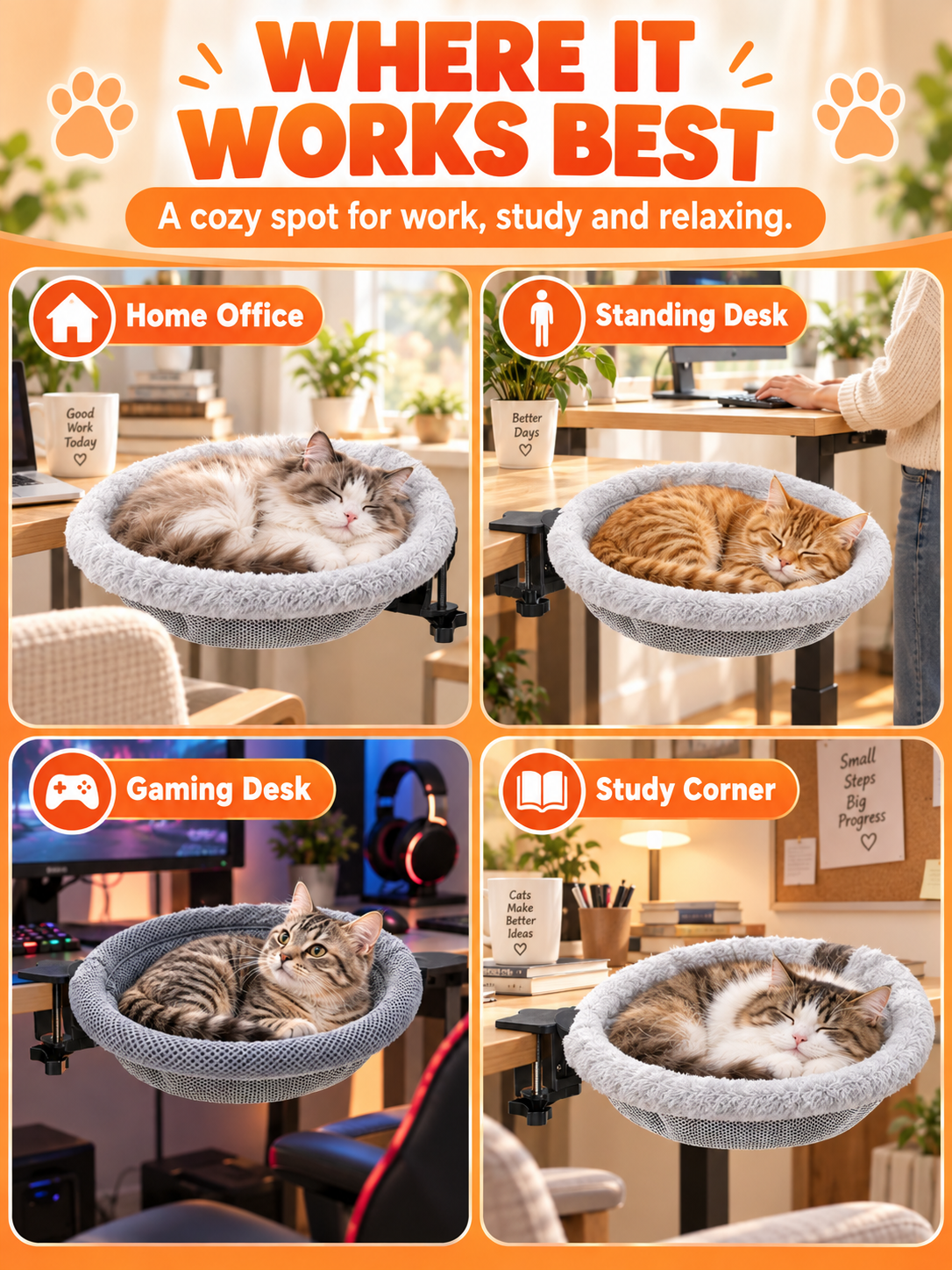 🐱 Pet Comfort Deal – Round Clamp-On Cat Desk Perch 💤 Cozy 16.5″ Bed for Safe Window or Workspace Lounging ✨