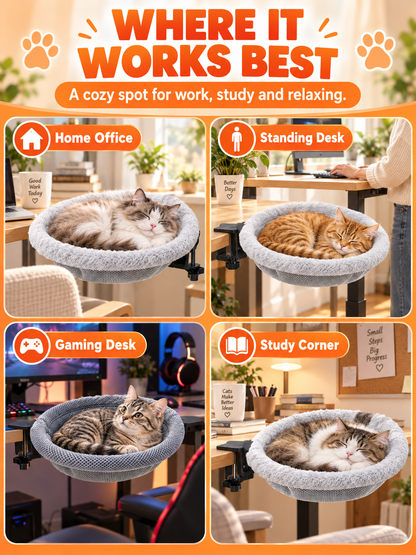 🐱 Pet Comfort Deal – Round Clamp-On Cat Desk Perch 💤 Cozy 16.5″ Bed for Safe Window or Workspace Lounging ✨