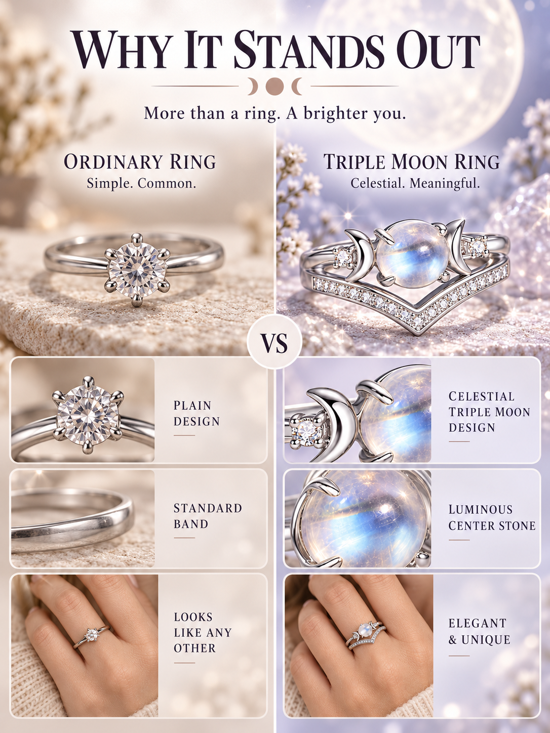 🌙 Jewelry Deal – Triple Moon Boho Ring Set 💍 Stackable Copper Bands with Natural Moonstone & Amethyst Details ✨