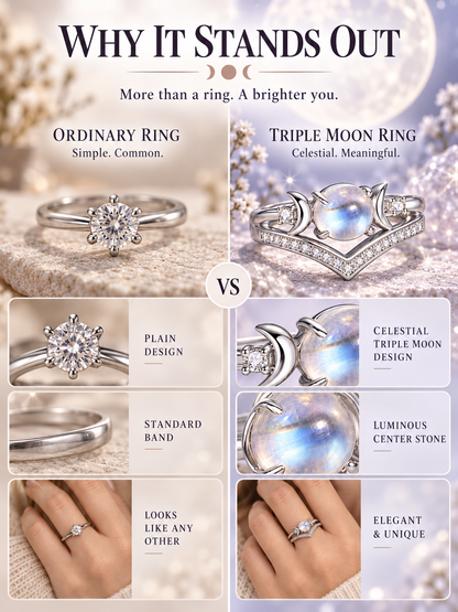 🌙 Jewelry Deal – Triple Moon Boho Ring Set 💍 Stackable Copper Bands with Natural Moonstone & Amethyst Details ✨