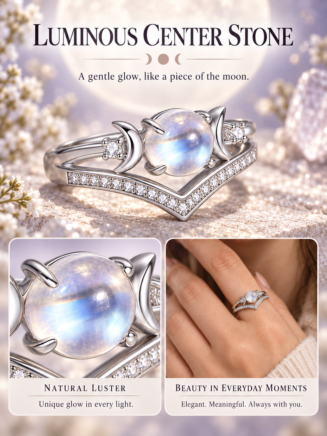 🌙 Jewelry Deal – Triple Moon Boho Ring Set 💍 Stackable Copper Bands with Natural Moonstone & Amethyst Details ✨