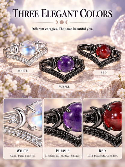 🌙 Jewelry Deal – Triple Moon Boho Ring Set 💍 Stackable Copper Bands with Natural Moonstone & Amethyst Details ✨