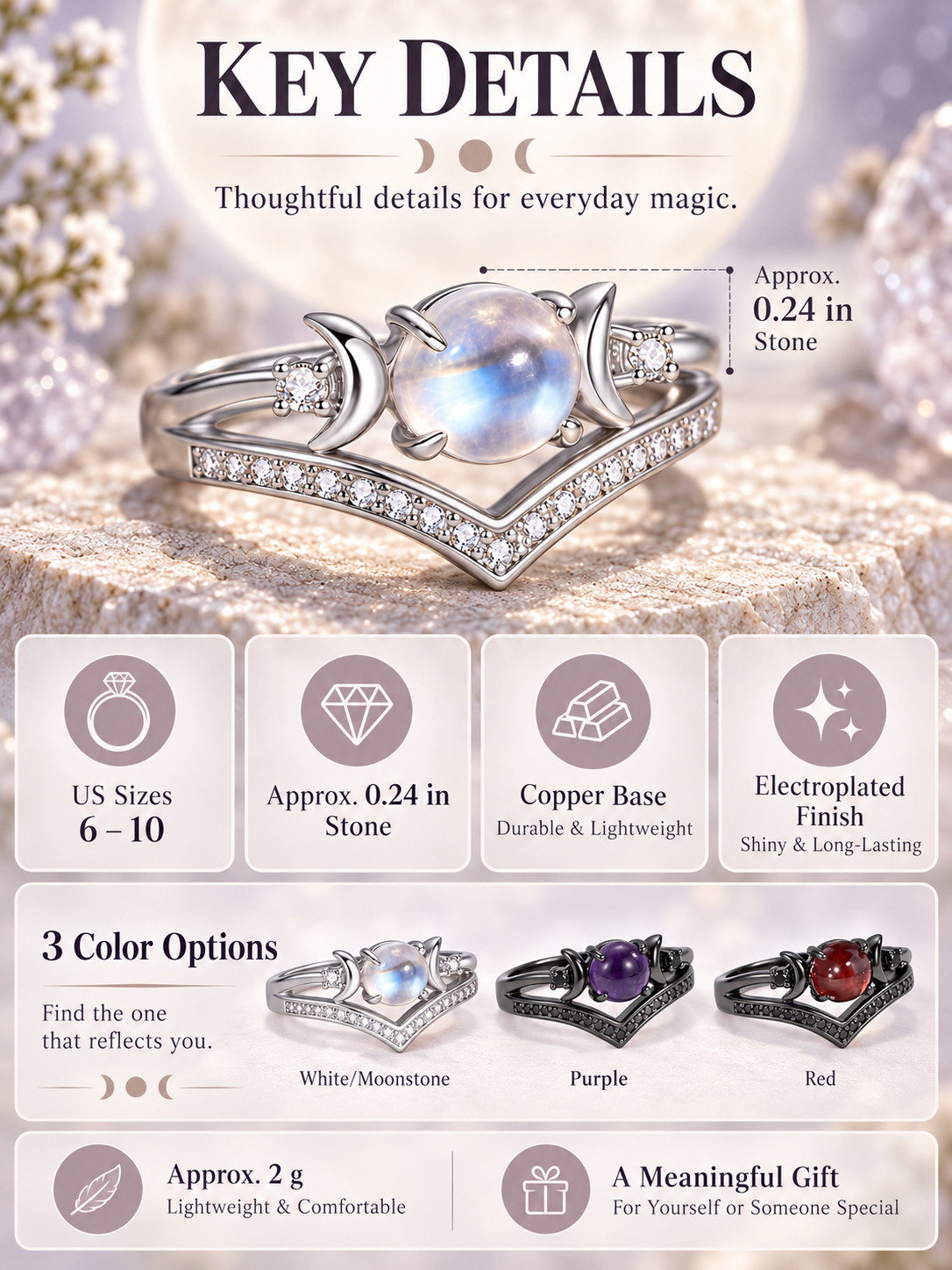 🌙 Jewelry Deal – Triple Moon Boho Ring Set 💍 Stackable Copper Bands with Natural Moonstone & Amethyst Details ✨