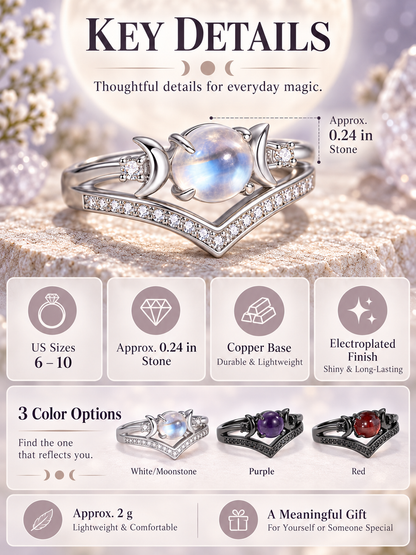 🌙 Jewelry Deal – Triple Moon Boho Ring Set 💍 Stackable Copper Bands with Natural Moonstone & Amethyst Details ✨