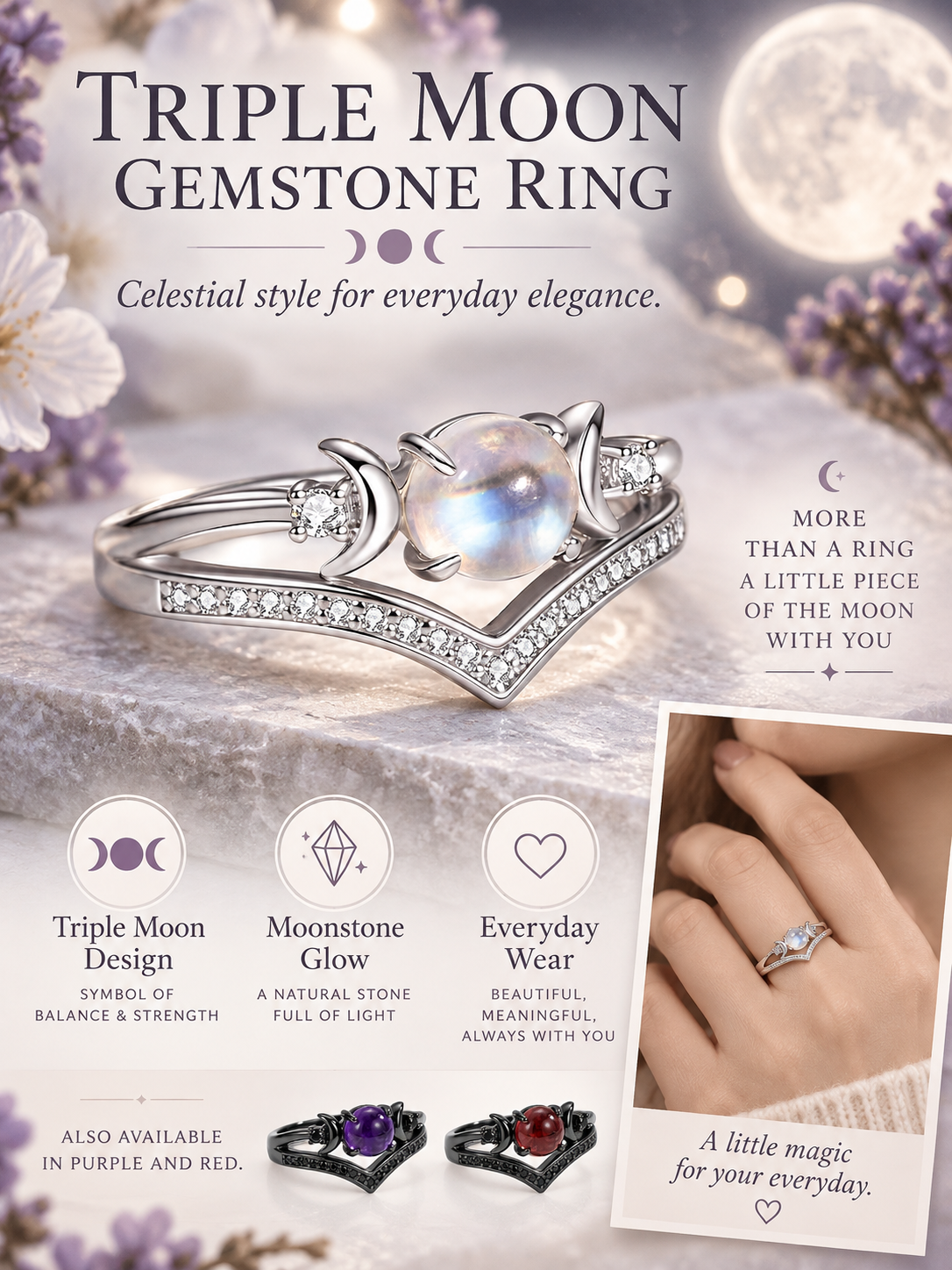 🌙 Jewelry Deal – Triple Moon Boho Ring Set 💍 Stackable Copper Bands with Natural Moonstone & Amethyst Details ✨