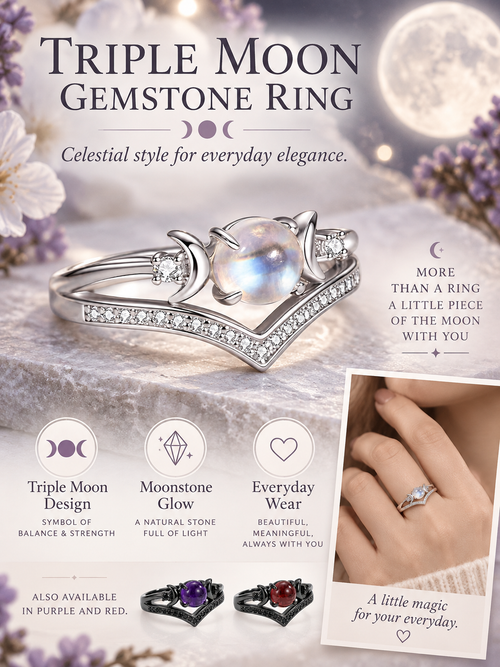 🌙 Jewelry Deal – Triple Moon Boho Ring Set 💍 Stackable Copper Bands with Natural Moonstone & Amethyst Details ✨