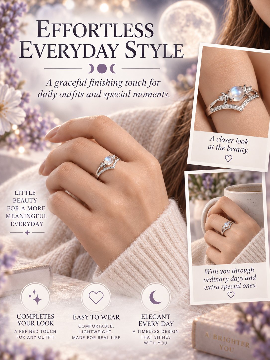 🌙 Jewelry Deal – Triple Moon Boho Ring Set 💍 Stackable Copper Bands with Natural Moonstone & Amethyst Details ✨