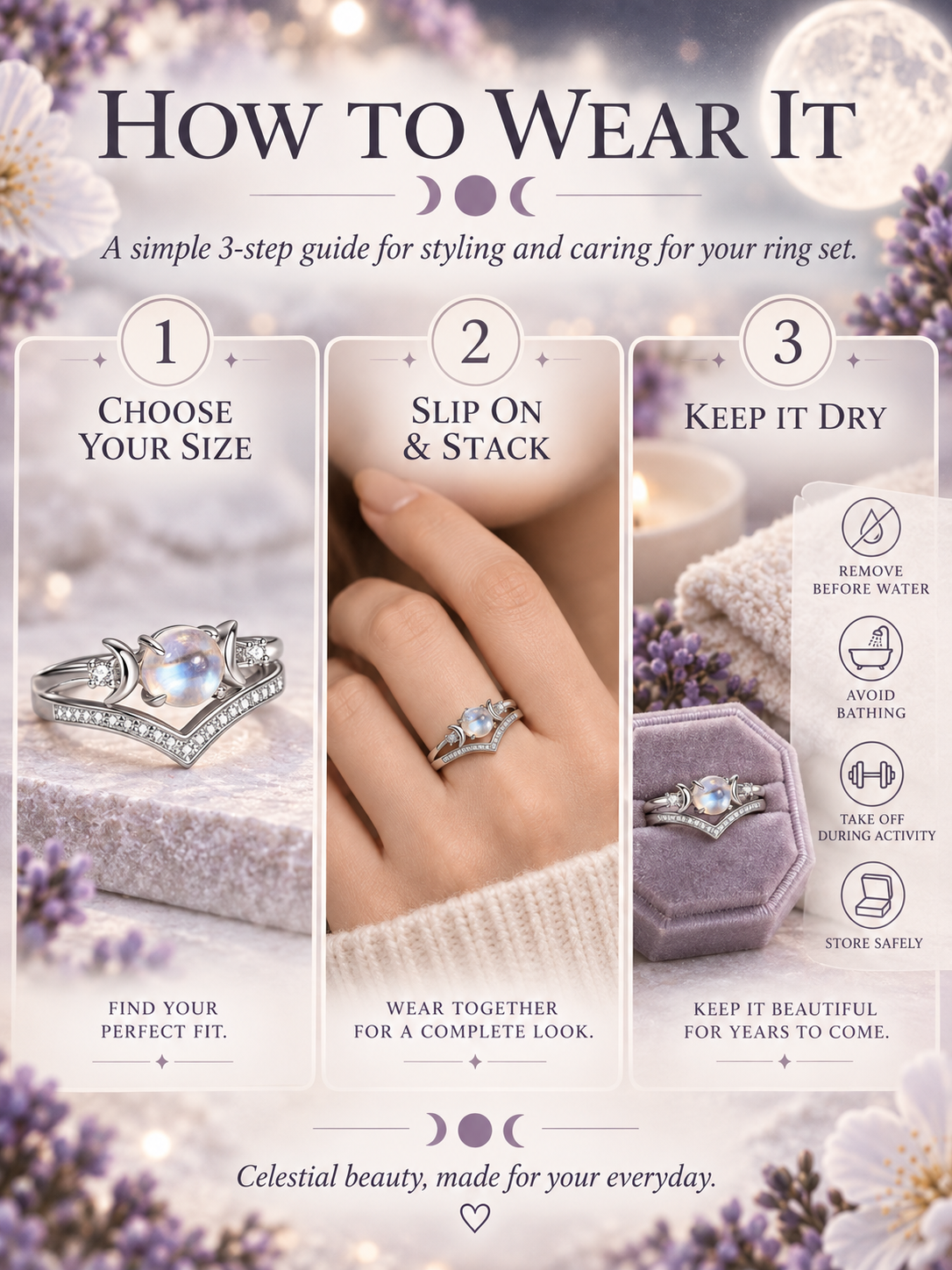 🌙 Jewelry Deal – Triple Moon Boho Ring Set 💍 Stackable Copper Bands with Natural Moonstone & Amethyst Details ✨