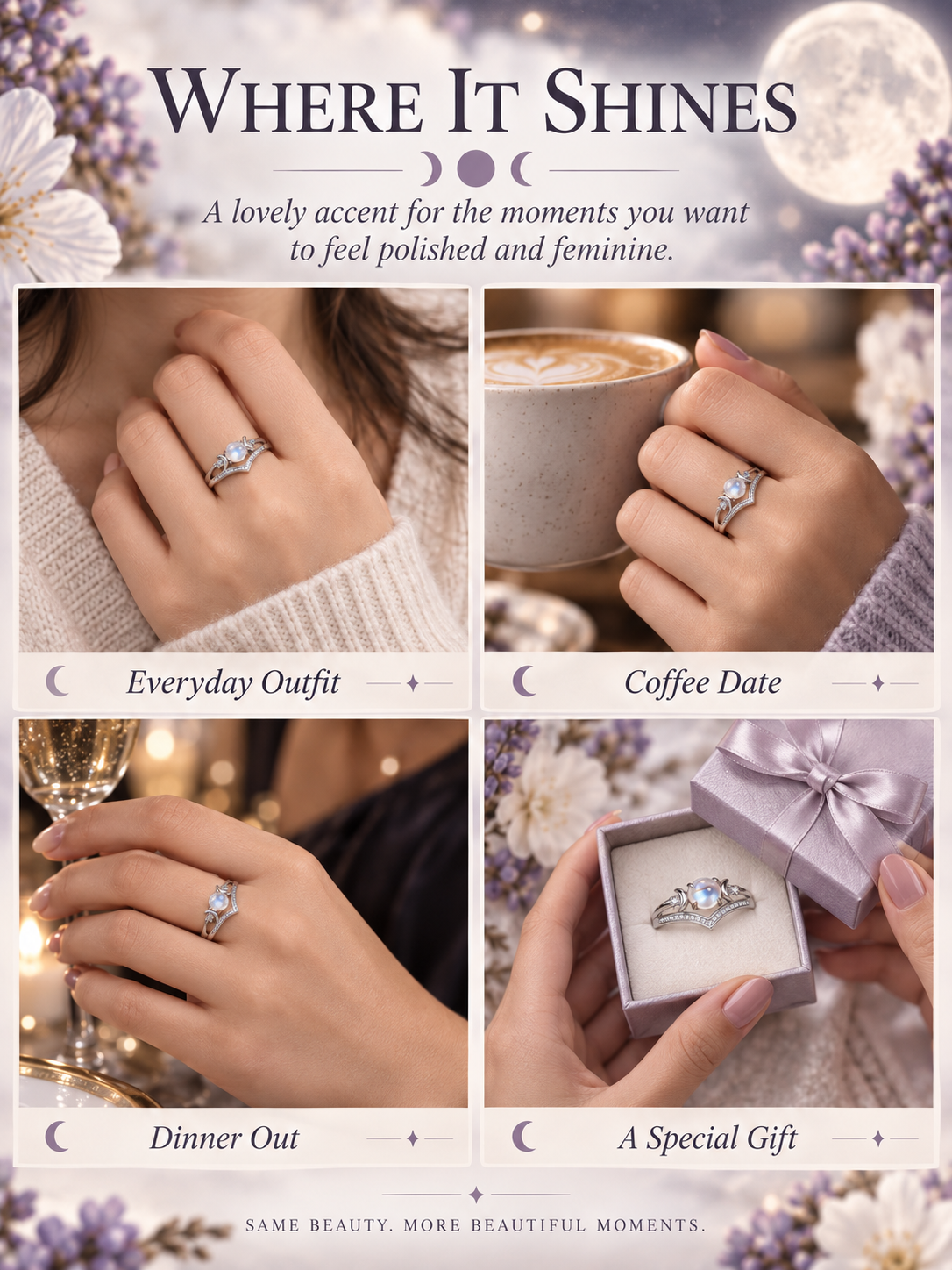 🌙 Jewelry Deal – Triple Moon Boho Ring Set 💍 Stackable Copper Bands with Natural Moonstone & Amethyst Details ✨