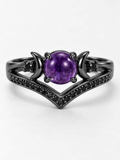 🌙 Jewelry Deal – Triple Moon Boho Ring Set 💍 Stackable Copper Bands with Natural Moonstone & Amethyst Details ✨