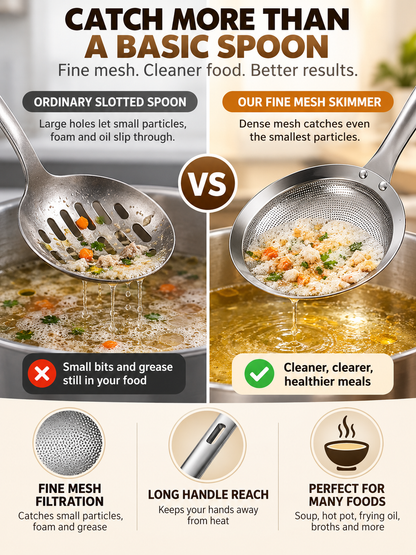 🍳 Kitchen Deal – SUS304 Fine-Mesh Oil Skimmer 🥄 Stainless Steel Strainer Spoon for Soups, Frying & Everyday Cooking ✨